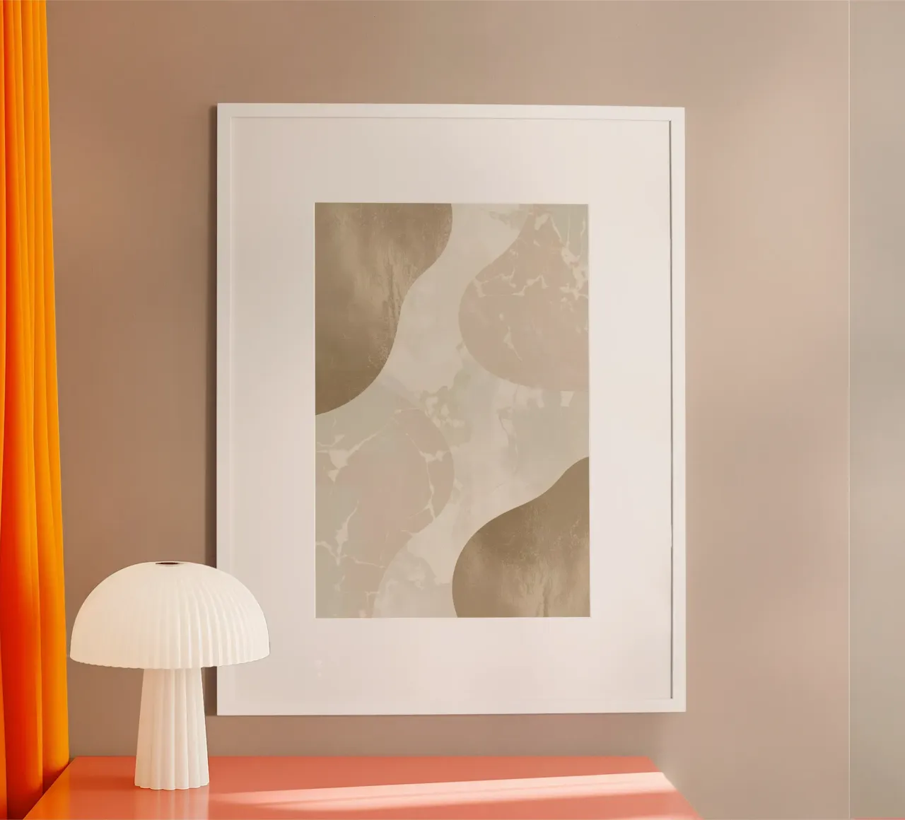 Abstract Beige and Brown Shapes with Marble and Metallic art poster with plastic frame by DesignDoodle