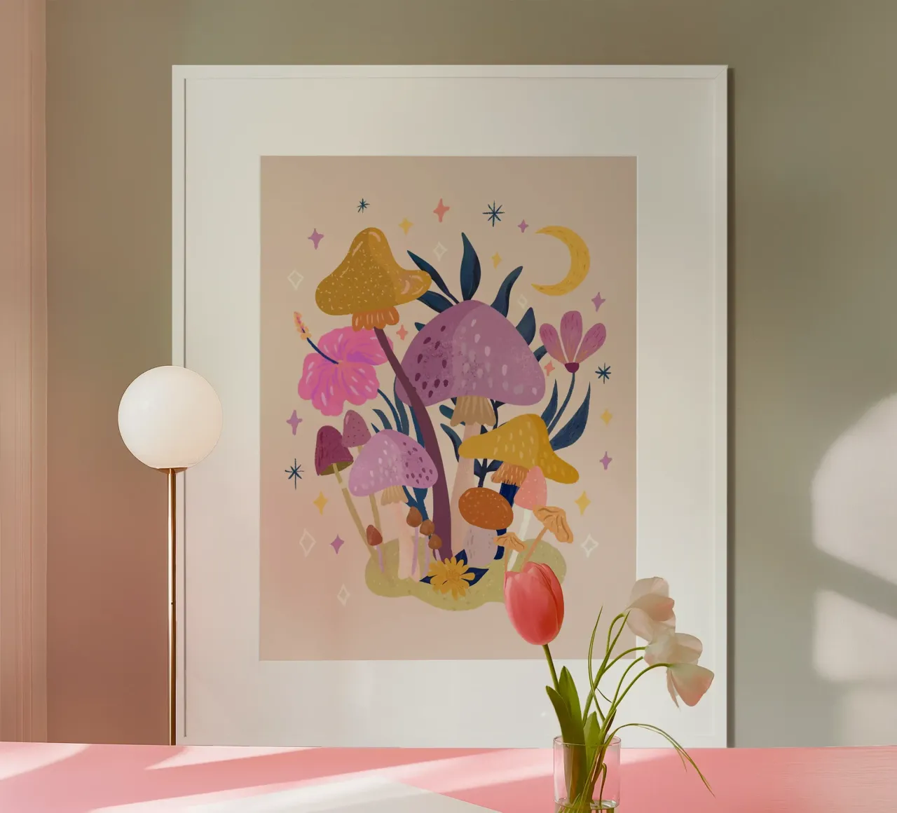 Funghi, fiori e stelle poster con telaio in alluminio da June Jordan