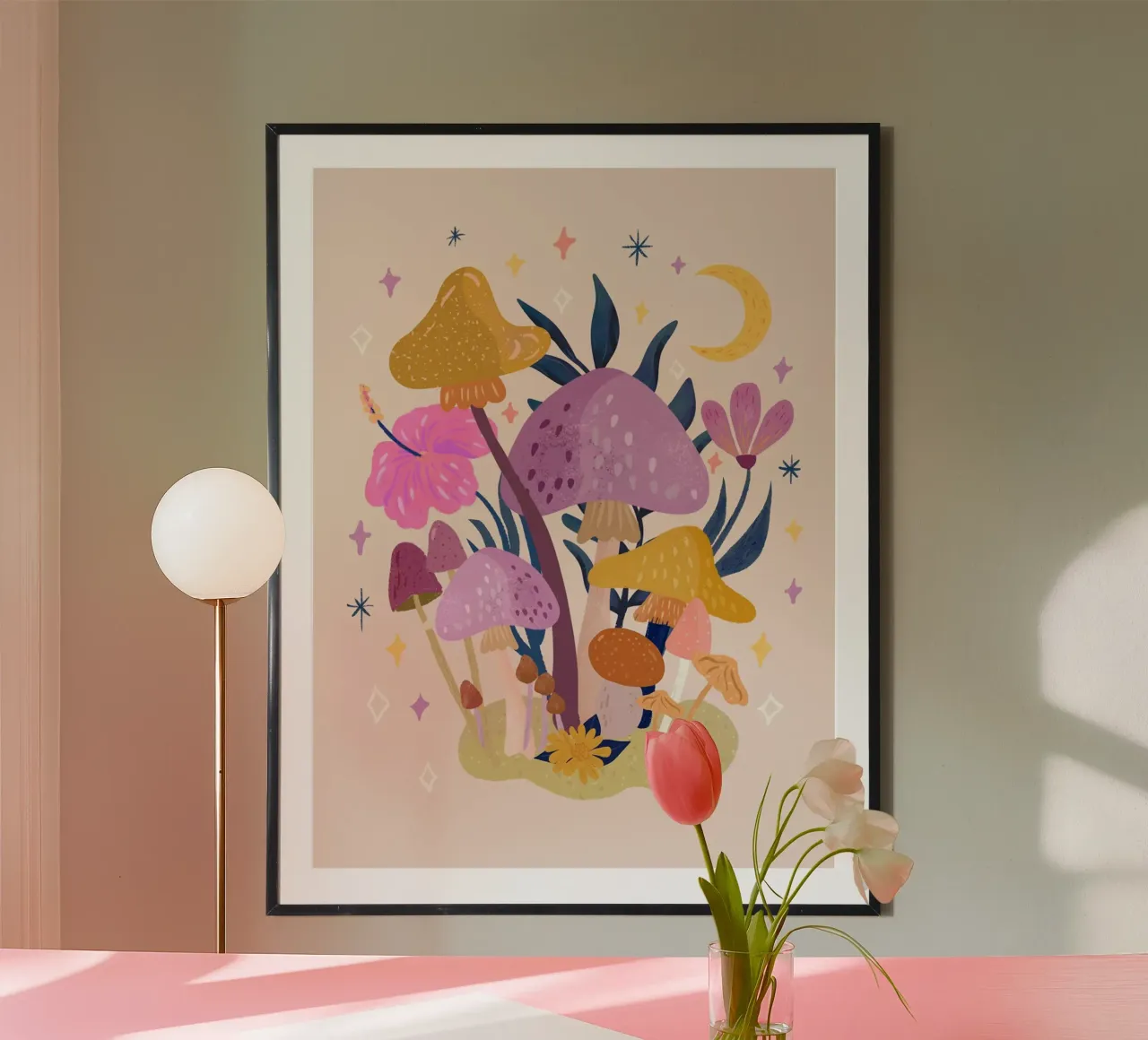 Funghi, fiori e stelle poster con telaio in alluminio da June Jordan