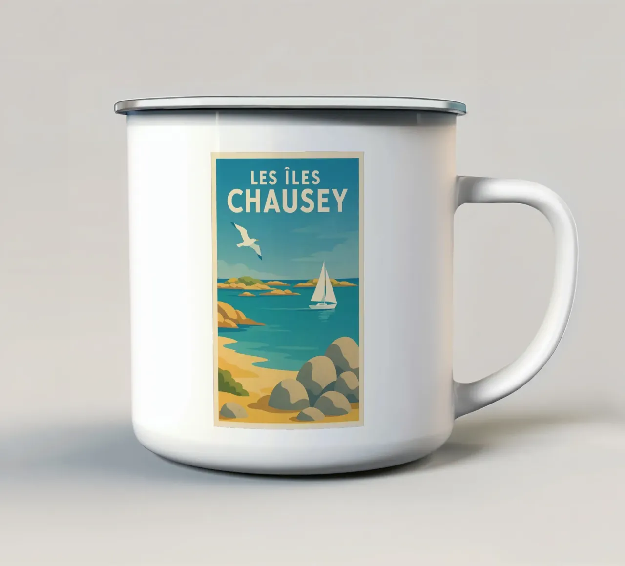 Poster d'epoca Le isole Chausey - Barca a vela e rocce tazza in smalto da JETLAG | affiches voyage