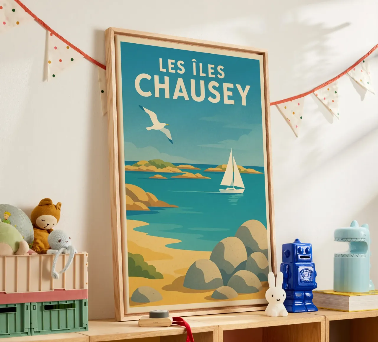 Poster d'epoca Le isole Chausey - Barca a vela e rocce tela con Cornice a cassetta da JETLAG | affiches voyage