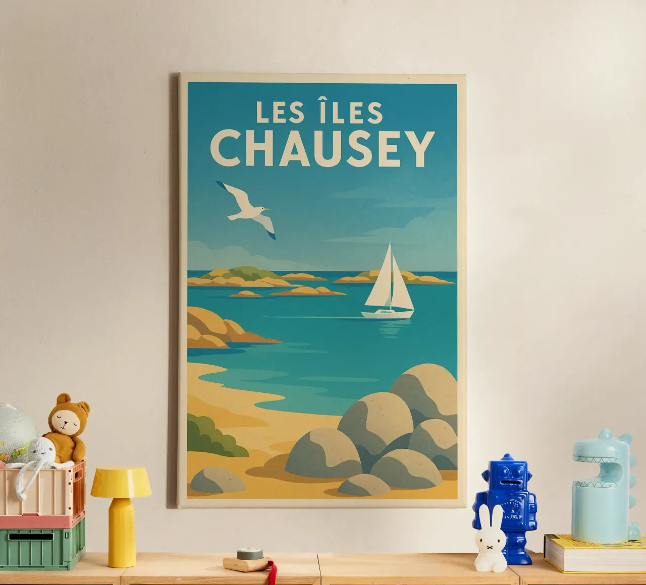 Poster d'epoca Le isole Chausey - Barca a vela e rocce tela con Cornice a cassetta da JETLAG | affiches voyage