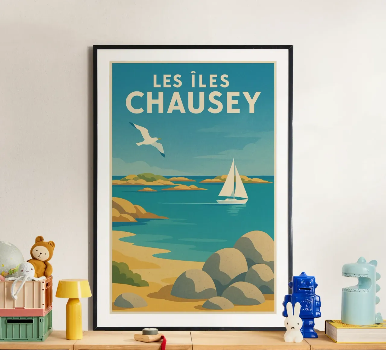 Poster d'epoca Le isole Chausey - Barca a vela e rocce poster con telaio in alluminio da JETLAG | affiches voyage