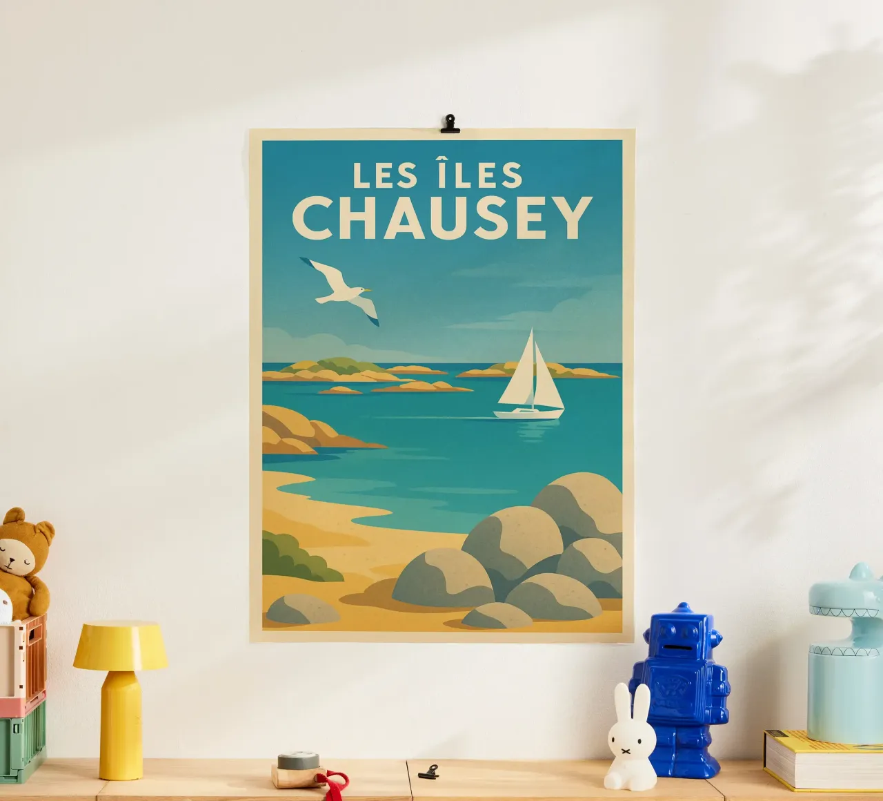 Poster d'epoca Le isole Chausey - Barca a vela e rocce poster con telaio in alluminio da JETLAG | affiches voyage