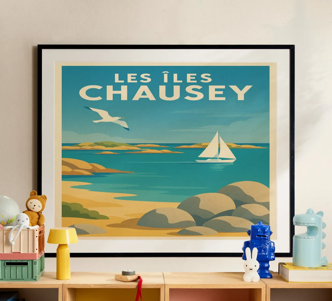 Poster d'epoca Le isole Chausey - Barca a vela e rocce poster con telaio in alluminio da JETLAG | affiches voyage