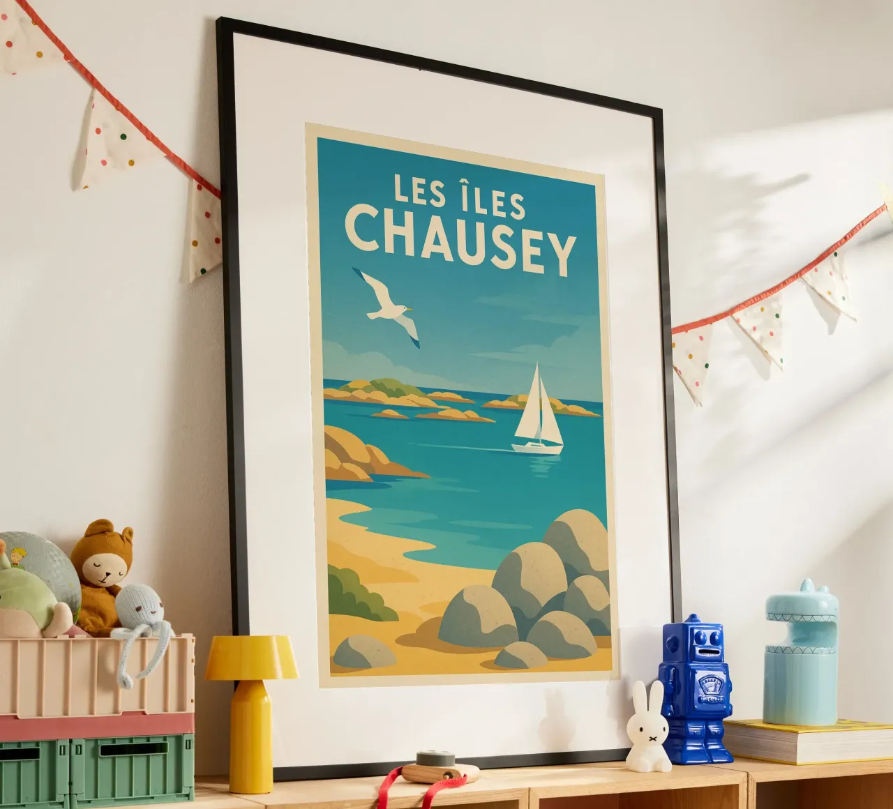 Poster d'epoca Le isole Chausey - Barca a vela e rocce poster con telaio in alluminio da JETLAG | affiches voyage