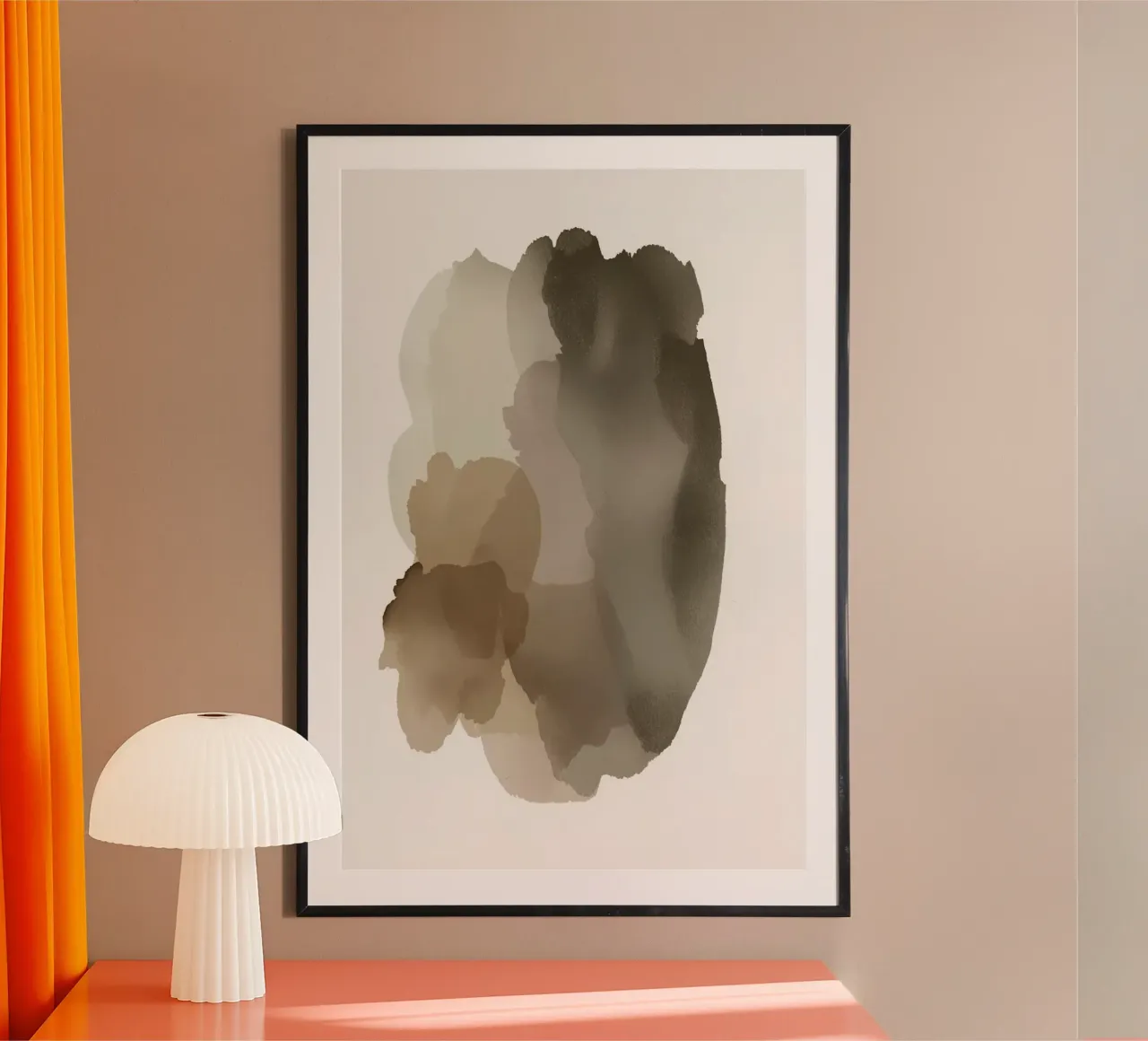 Forme astratte acquerellate in marrone e beige poster con telaio in alluminio da DesignDoodle