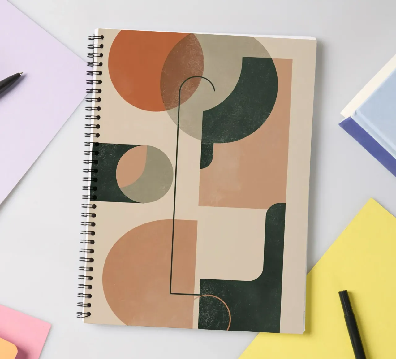 Abstract Geometric Composition with Circles Rectangles spiral notebook by DesignDoodle