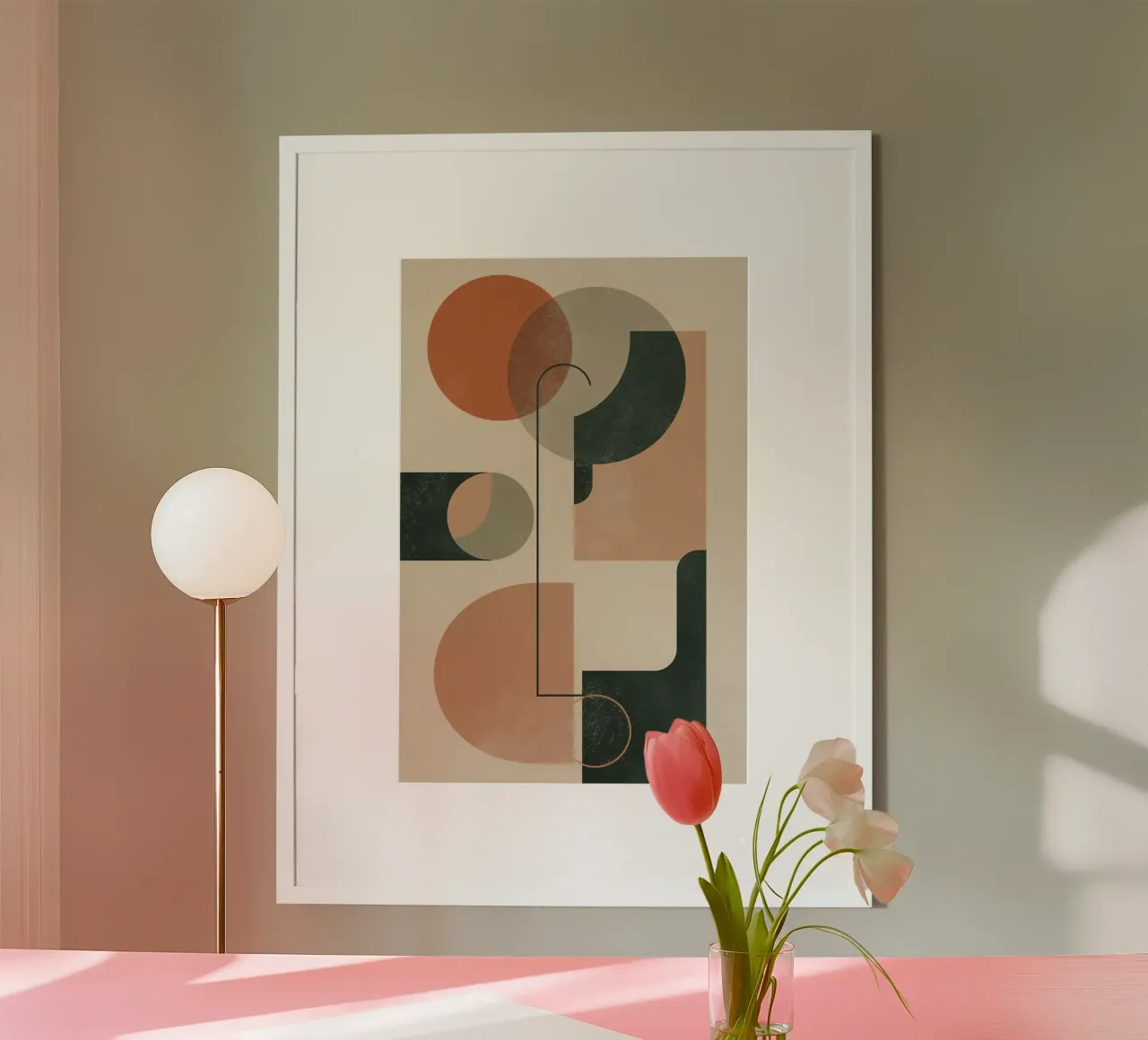 Composizione geometrica astratta con cerchi e rettangoli poster con telaio in legno da DesignDoodle