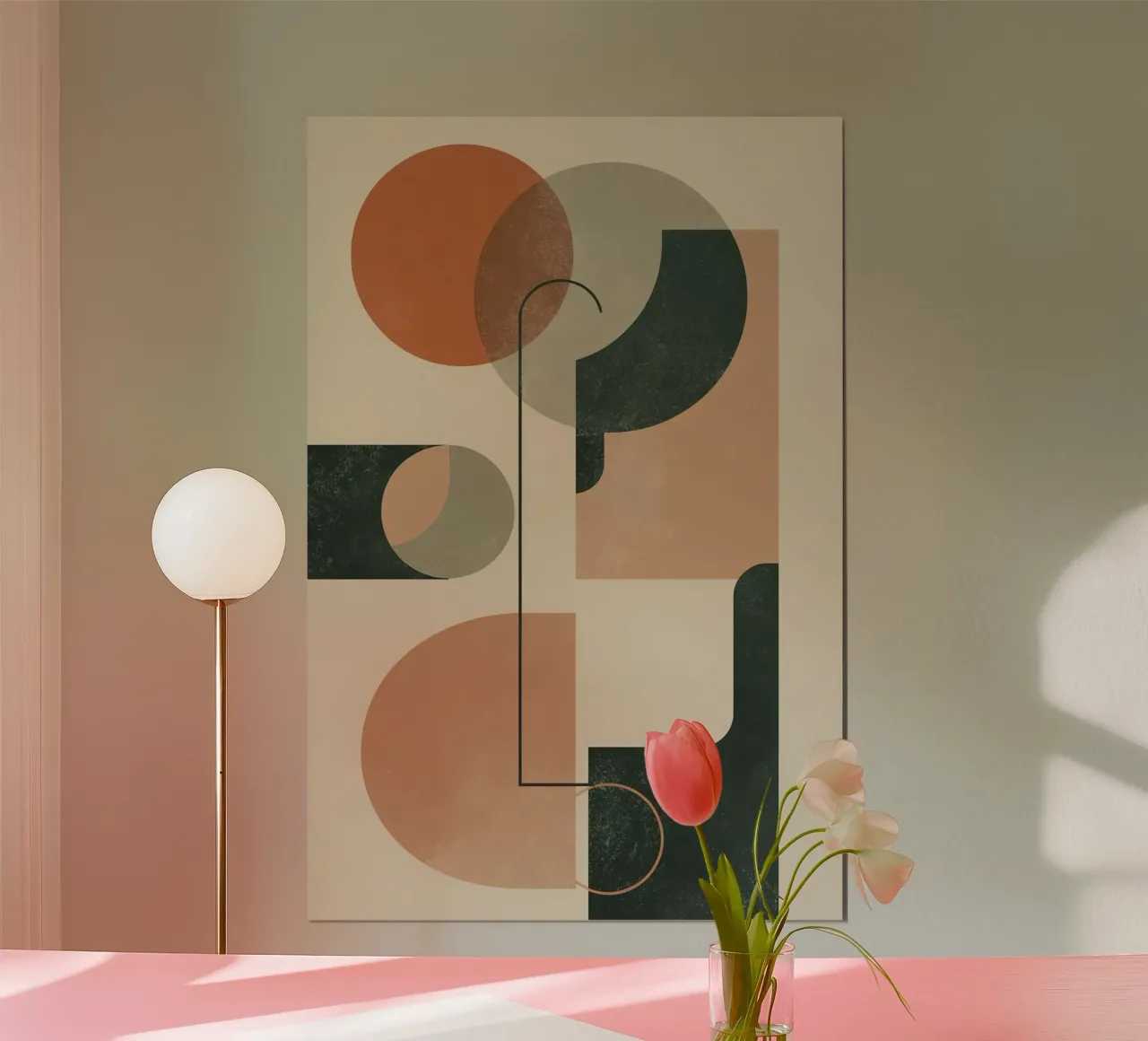 Composizione geometrica astratta con cerchi e rettangoli poster con telaio in legno da DesignDoodle