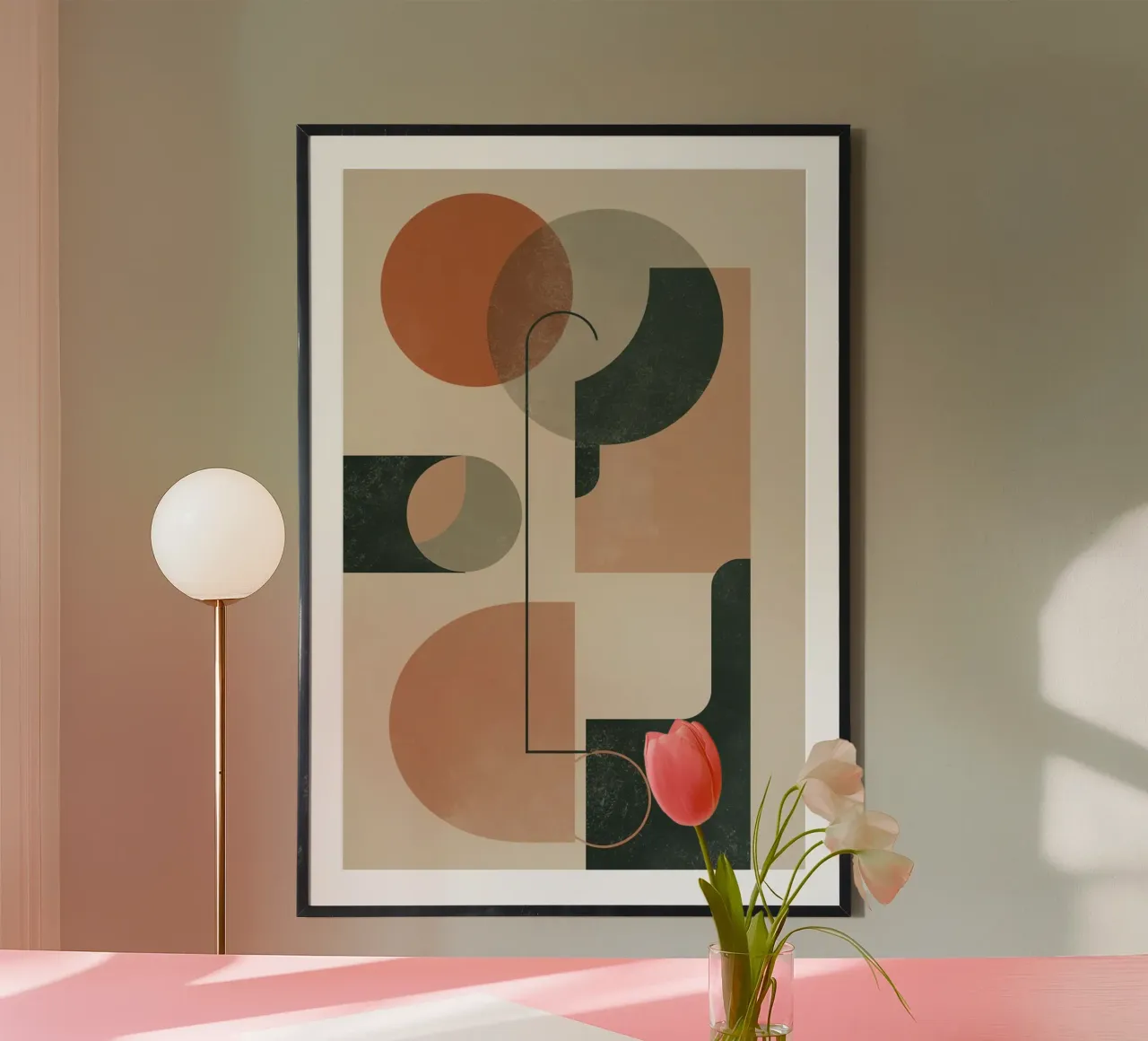 Composizione geometrica astratta con cerchi e rettangoli poster con telaio in legno da DesignDoodle