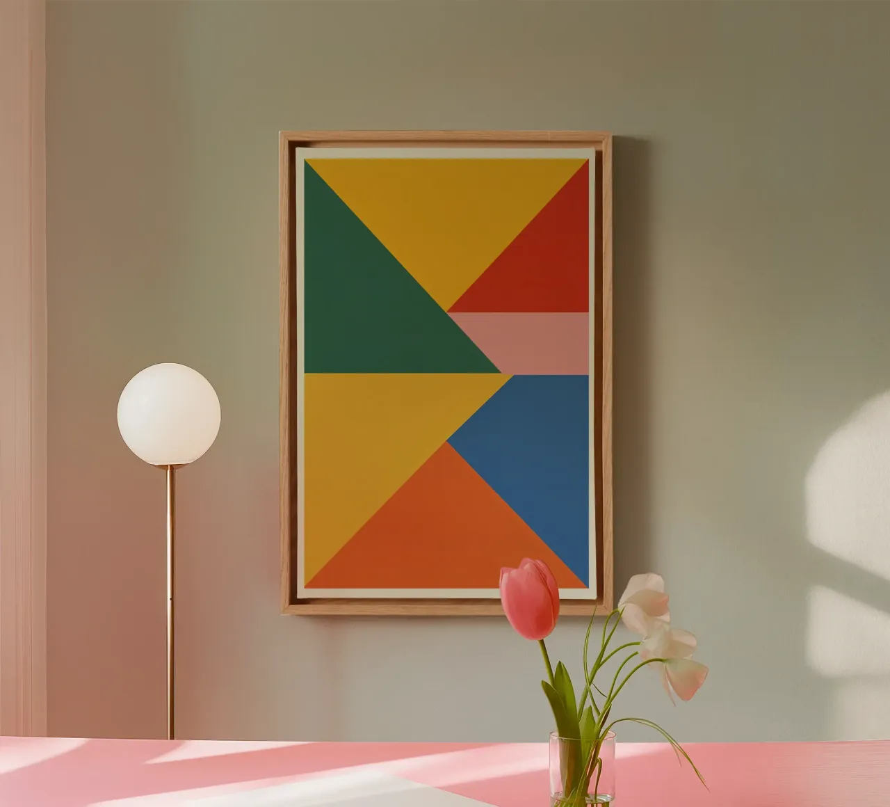 Abstracte geometrische compositie met gekleurde driehoeken canvas met Baklijst van DesignDoodle