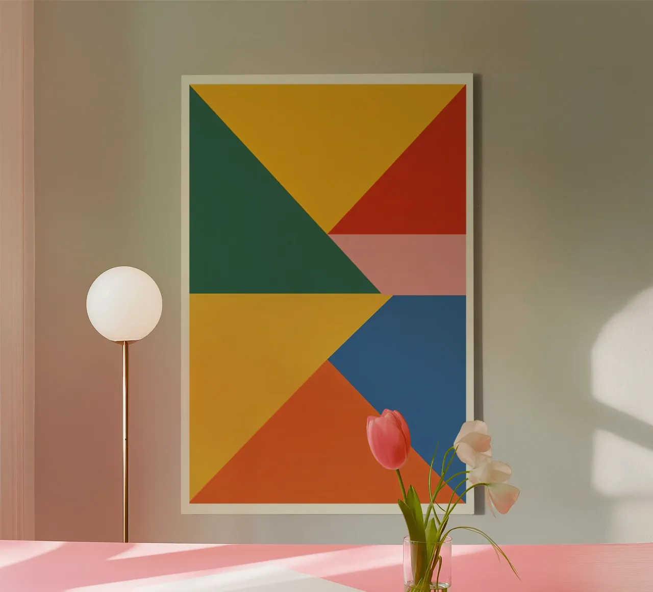 Abstracte geometrische compositie met gekleurde driehoeken canvas met Baklijst van DesignDoodle