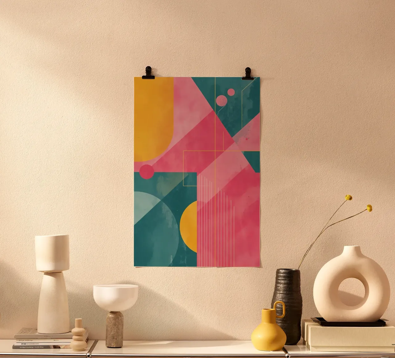 Composizione geometrica astratta con forme e linee poster con telaio in plastica da DesignDoodle