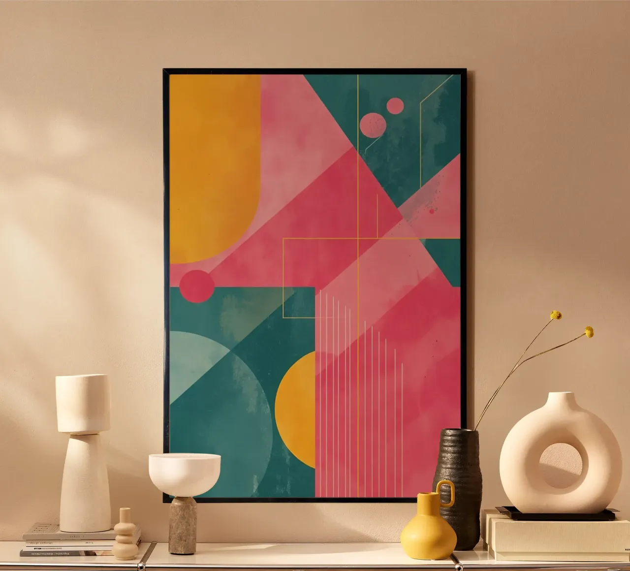 Composizione geometrica astratta con forme e linee poster con telaio in plastica da DesignDoodle