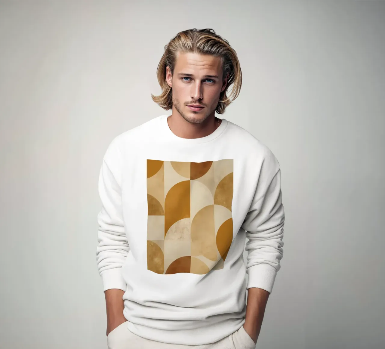 Abstract Geometric Pattern with Circles and Squares in Earth sweatshirt by DesignDoodle