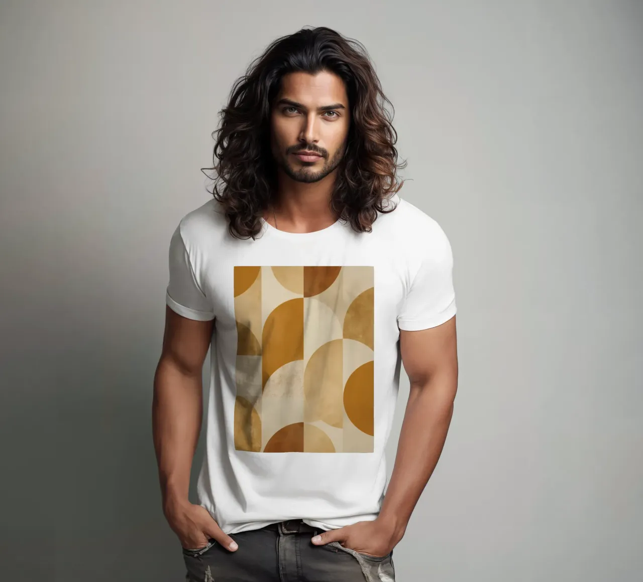Abstract Geometric Pattern with Circles and Squares in Earth t-shirt by DesignDoodle