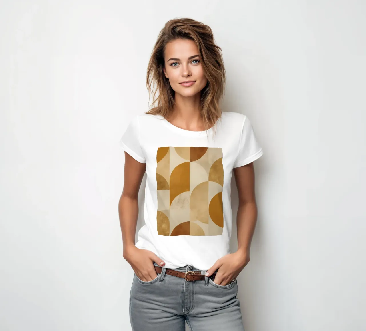 Abstract Geometric Pattern with Circles and Squares in Earth women's fitted t-shirt by DesignDoodle