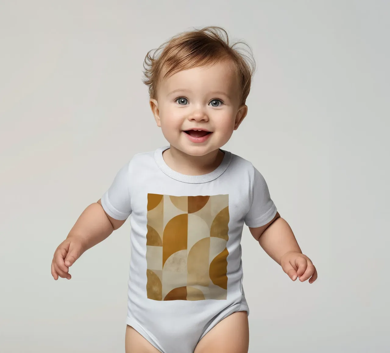 Abstract Geometric Pattern with Circles and Squares in Earth short-sleeve baby romper by DesignDoodle