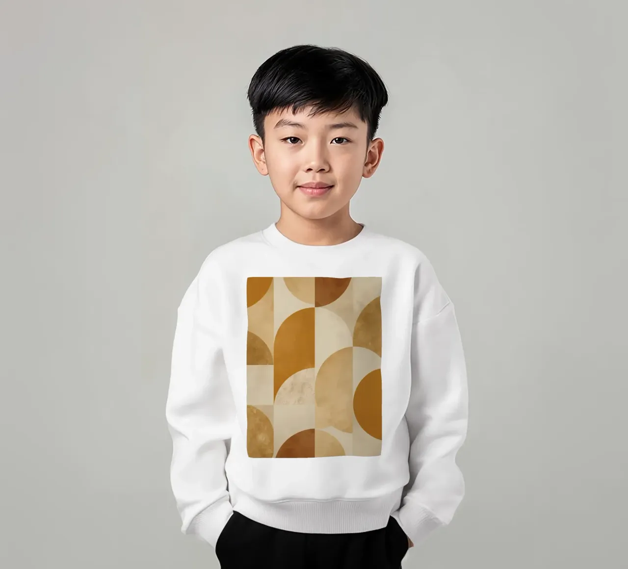 Abstract Geometric Pattern with Circles and Squares in Earth kids sweatshirt by DesignDoodle