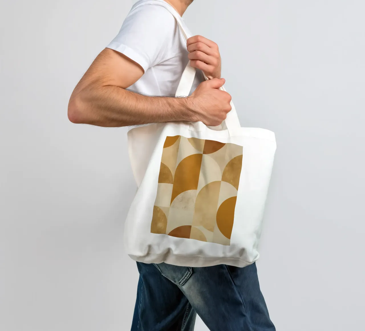 Abstract Geometric Pattern with Circles and Squares in Earth tote bag by DesignDoodle