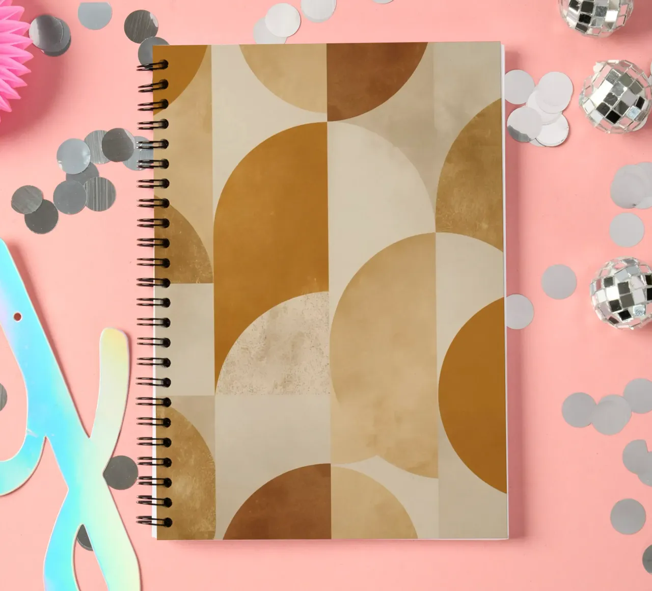 Abstract Geometric Pattern with Circles and Squares in Earth spiral notebook by DesignDoodle