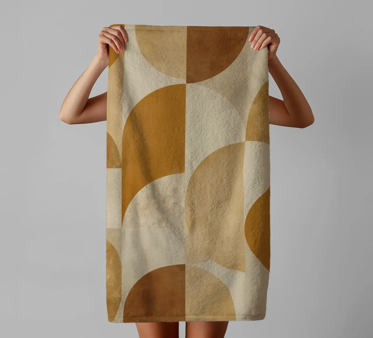 Abstract Geometric Pattern with Circles and Squares in Earth towel by DesignDoodle