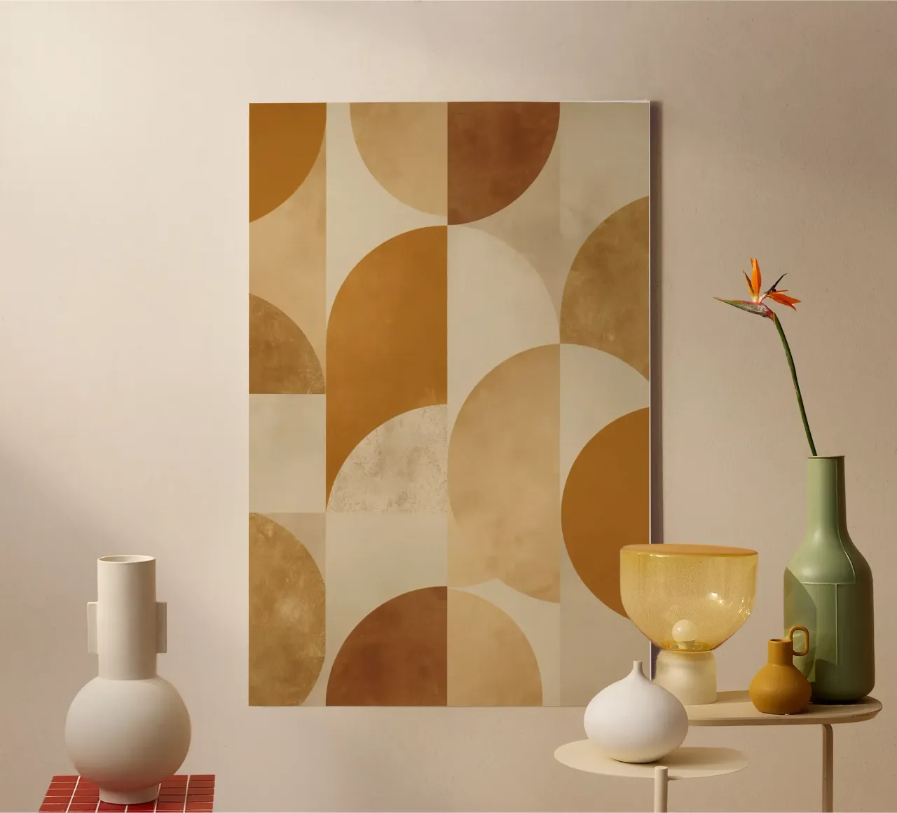 Abstract Geometrisch Patroon met Cirkels en Vierkanten in Aarde canvas met Baklijst van DesignDoodle