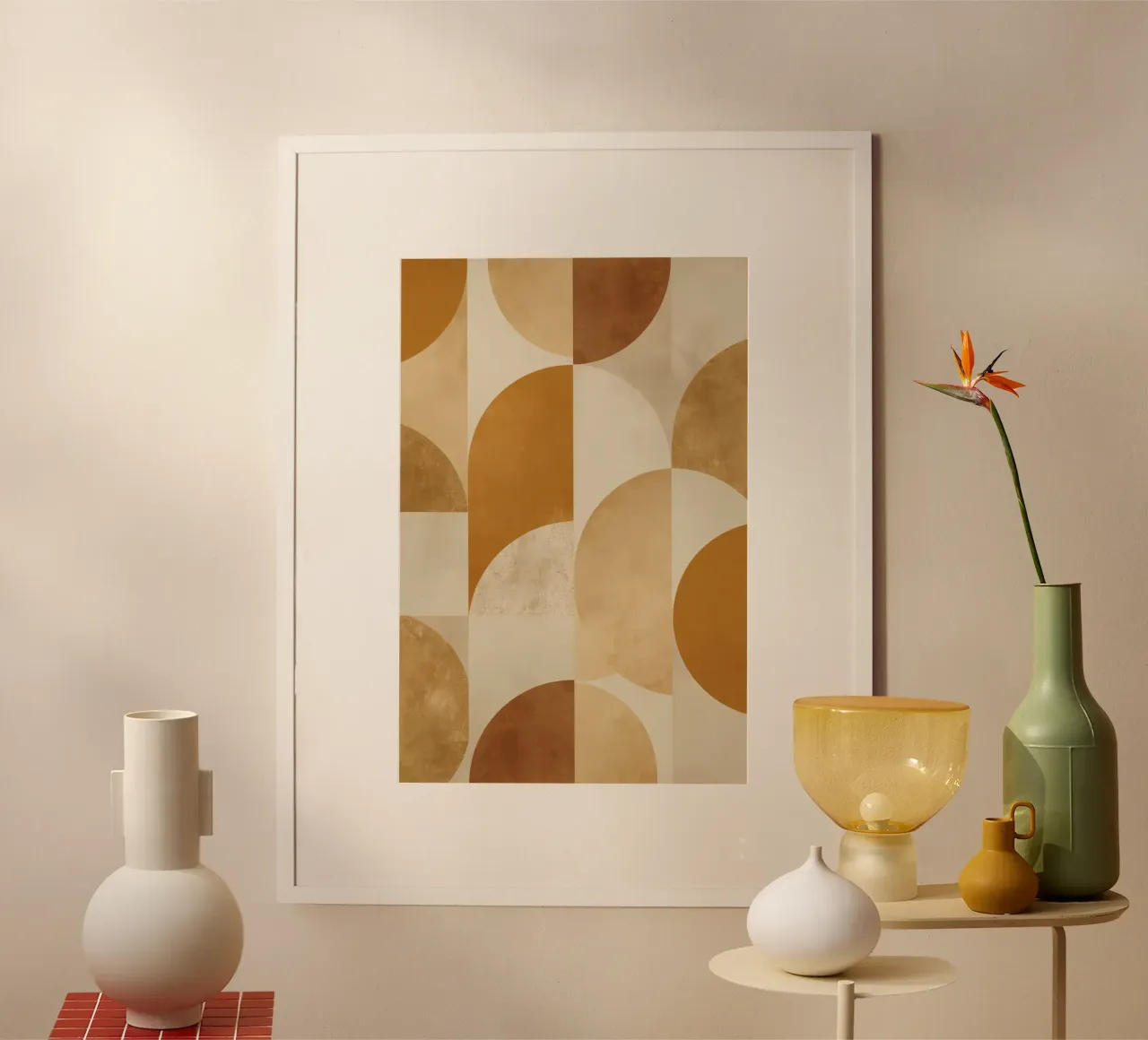 Abstraktes geometrisches Muster mit Kreisen und Quadraten in der Erde Hahnemühle von DesignDoodle