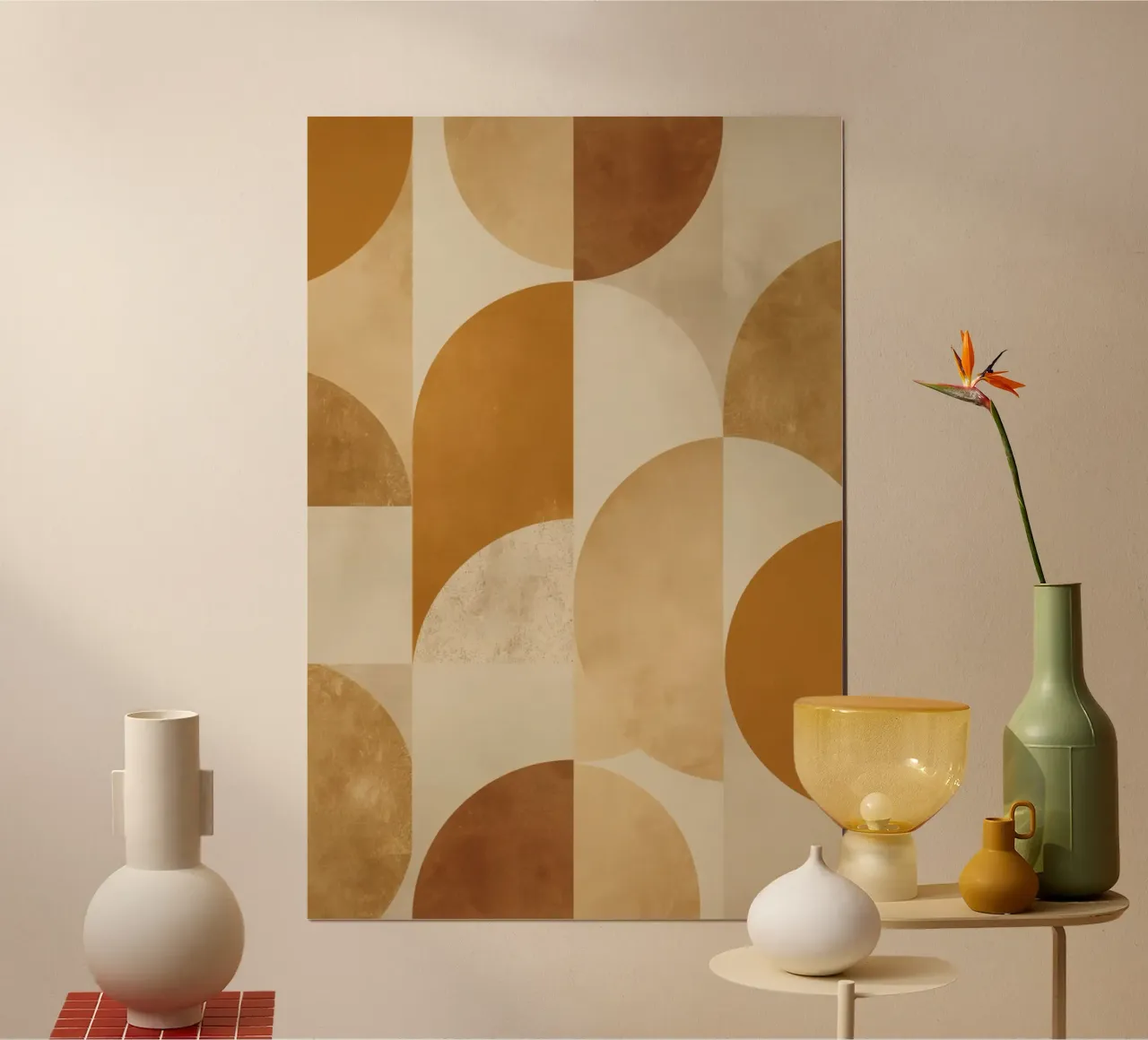 Modello geometrico astratto con cerchi e quadrati nella terra poster con telaio in plastica da DesignDoodle