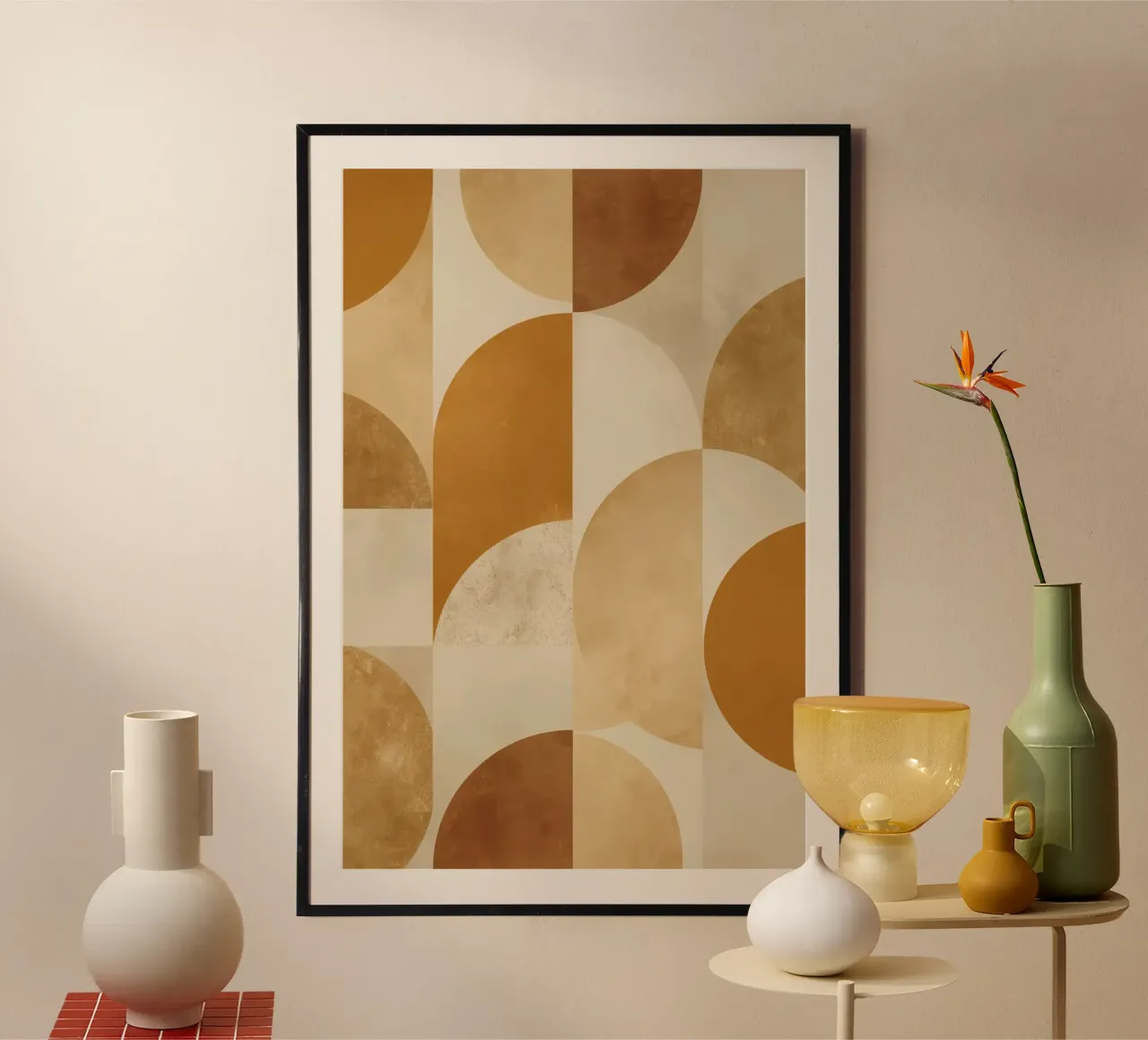 Modello geometrico astratto con cerchi e quadrati nella terra poster con telaio in plastica da DesignDoodle