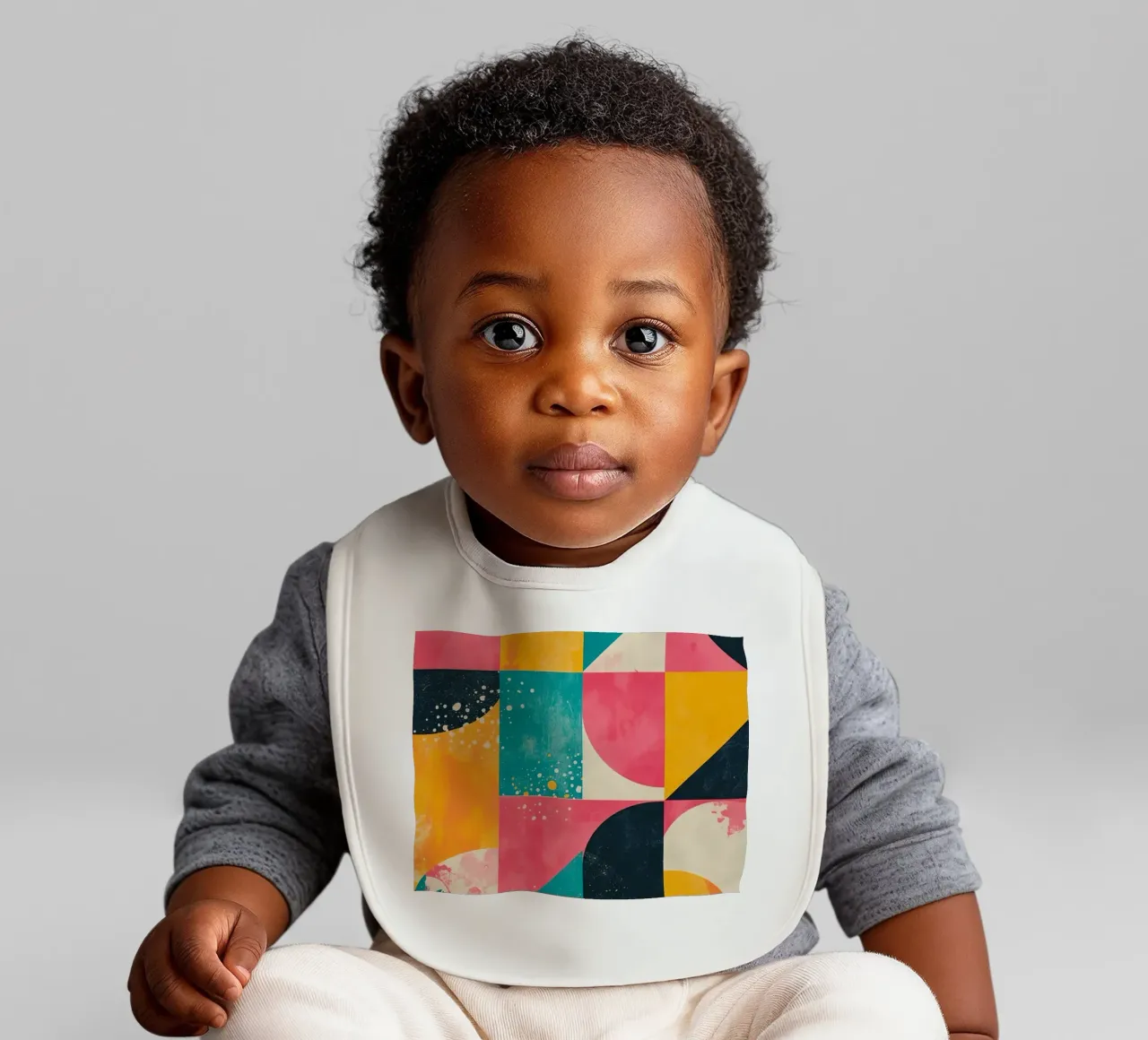 Abstract Geometric Pattern with Squares Triangles and Circle baby bib by DesignDoodle