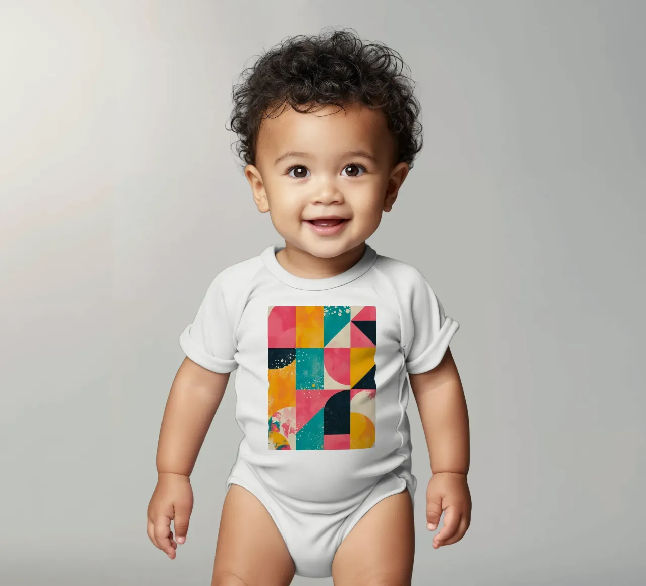 Abstraktes geometrisches Muster mit Quadraten, Dreiecken und Kreisen Kurzarm Babybody von DesignDoodle