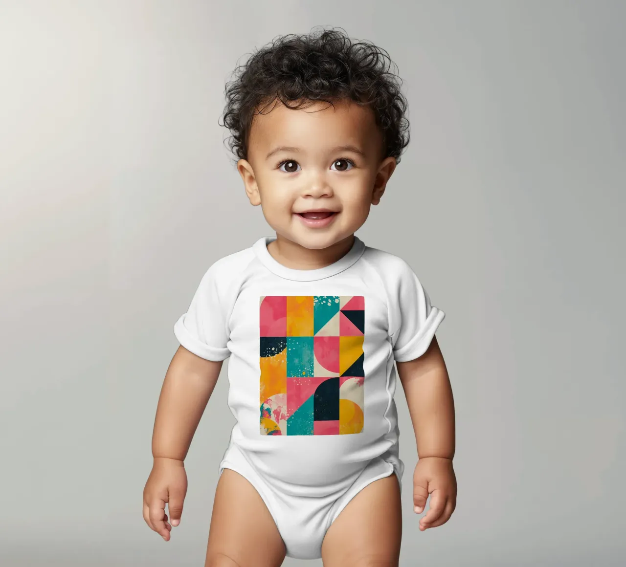 Abstract Geometric Pattern with Squares Triangles and Circle short-sleeve baby romper by DesignDoodle