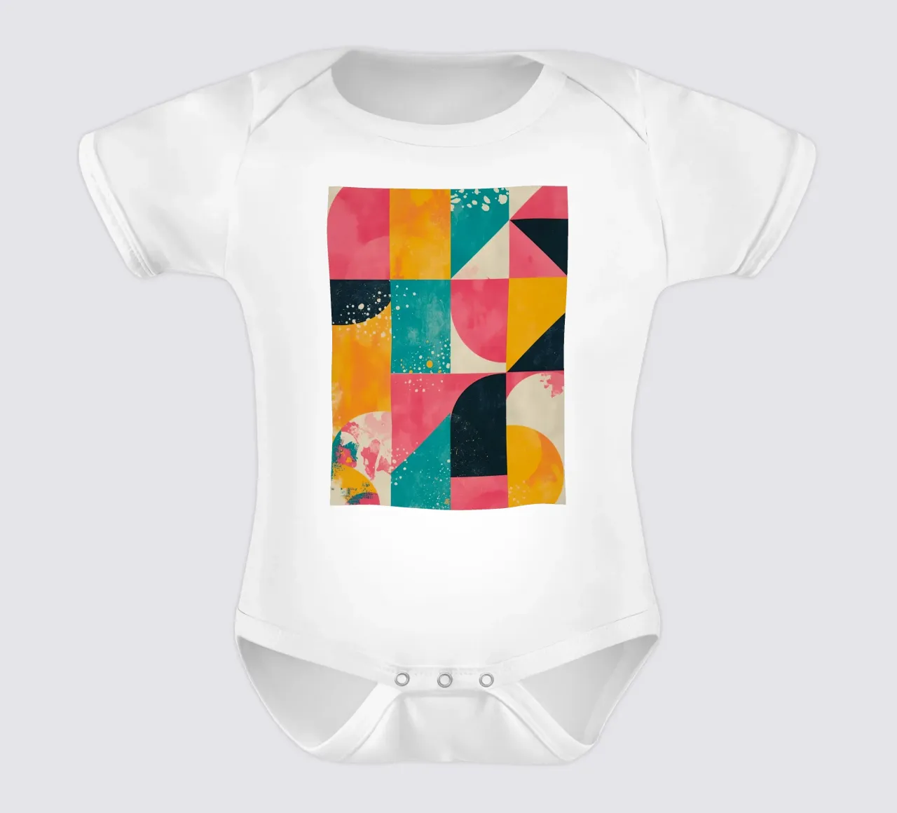 Abstract Geometric Pattern with Squares Triangles and Circle short-sleeve baby romper by DesignDoodle