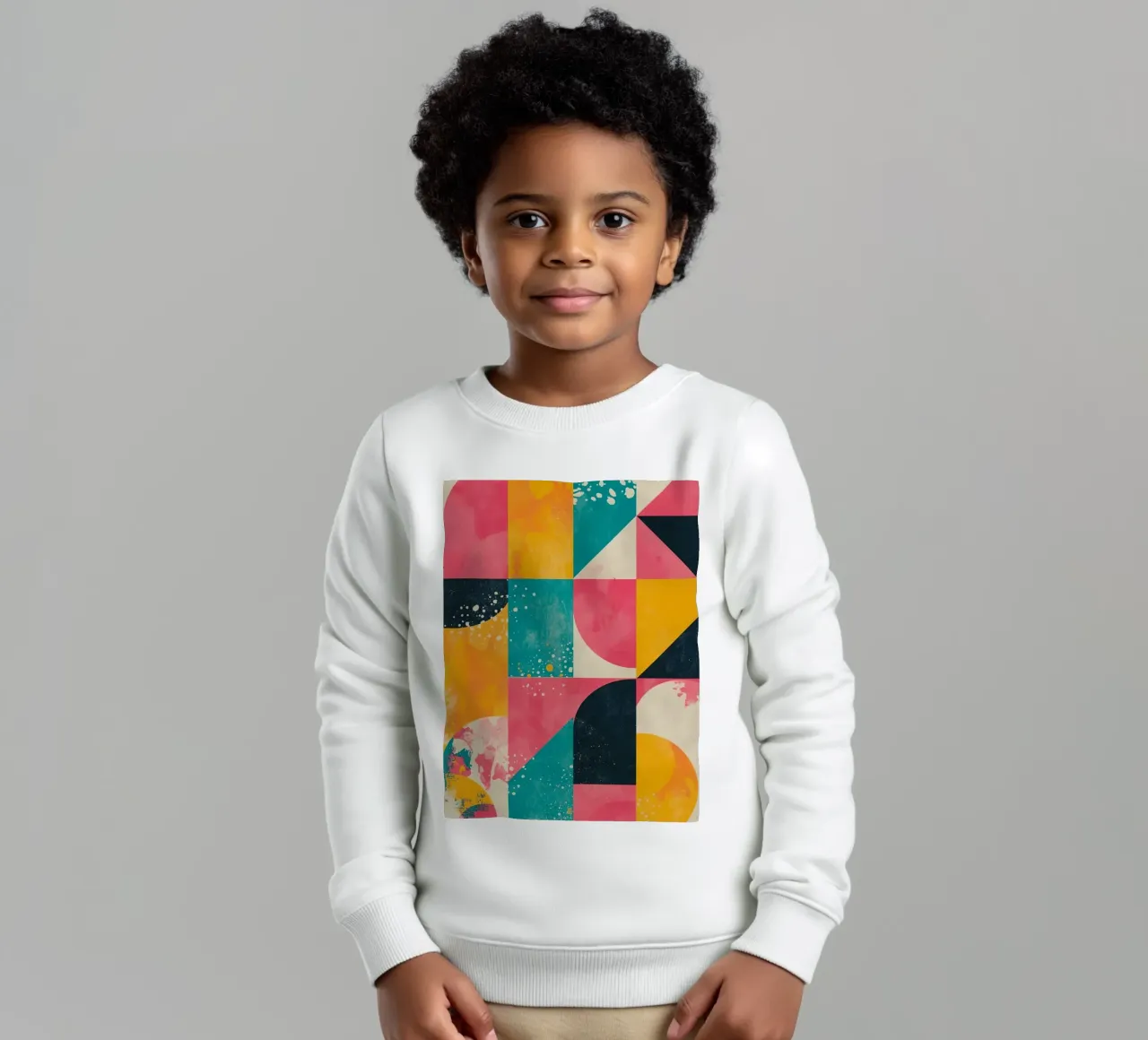 Abstract Geometric Pattern with Squares Triangles and Circle kids sweatshirt by DesignDoodle