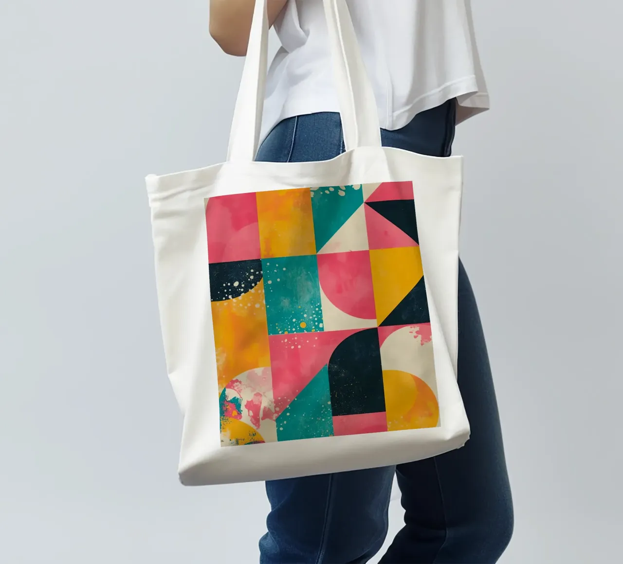 Abstract Geometric Pattern with Squares Triangles and Circle tote bag by DesignDoodle