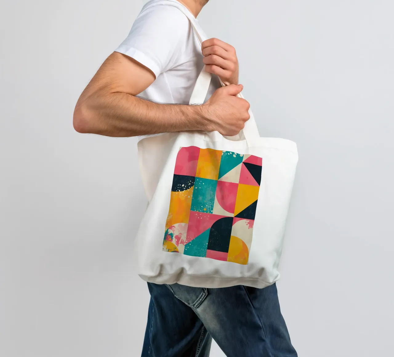 Abstract Geometric Pattern with Squares Triangles and Circle tote bag by DesignDoodle