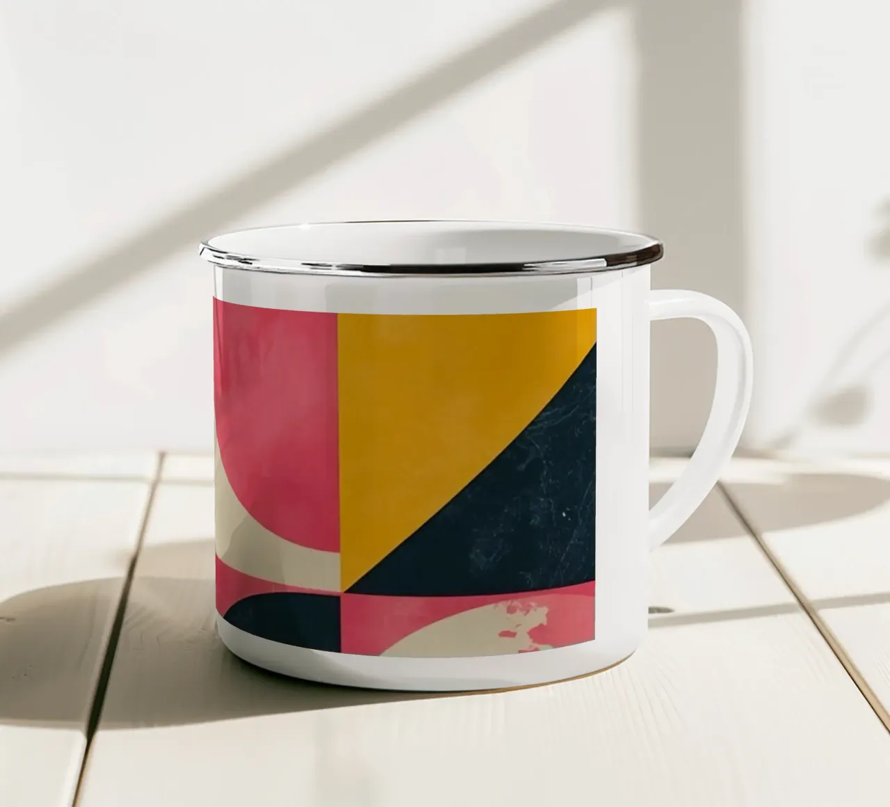 Abstract Geometric Pattern with Squares Triangles and Circle enamel mug by DesignDoodle