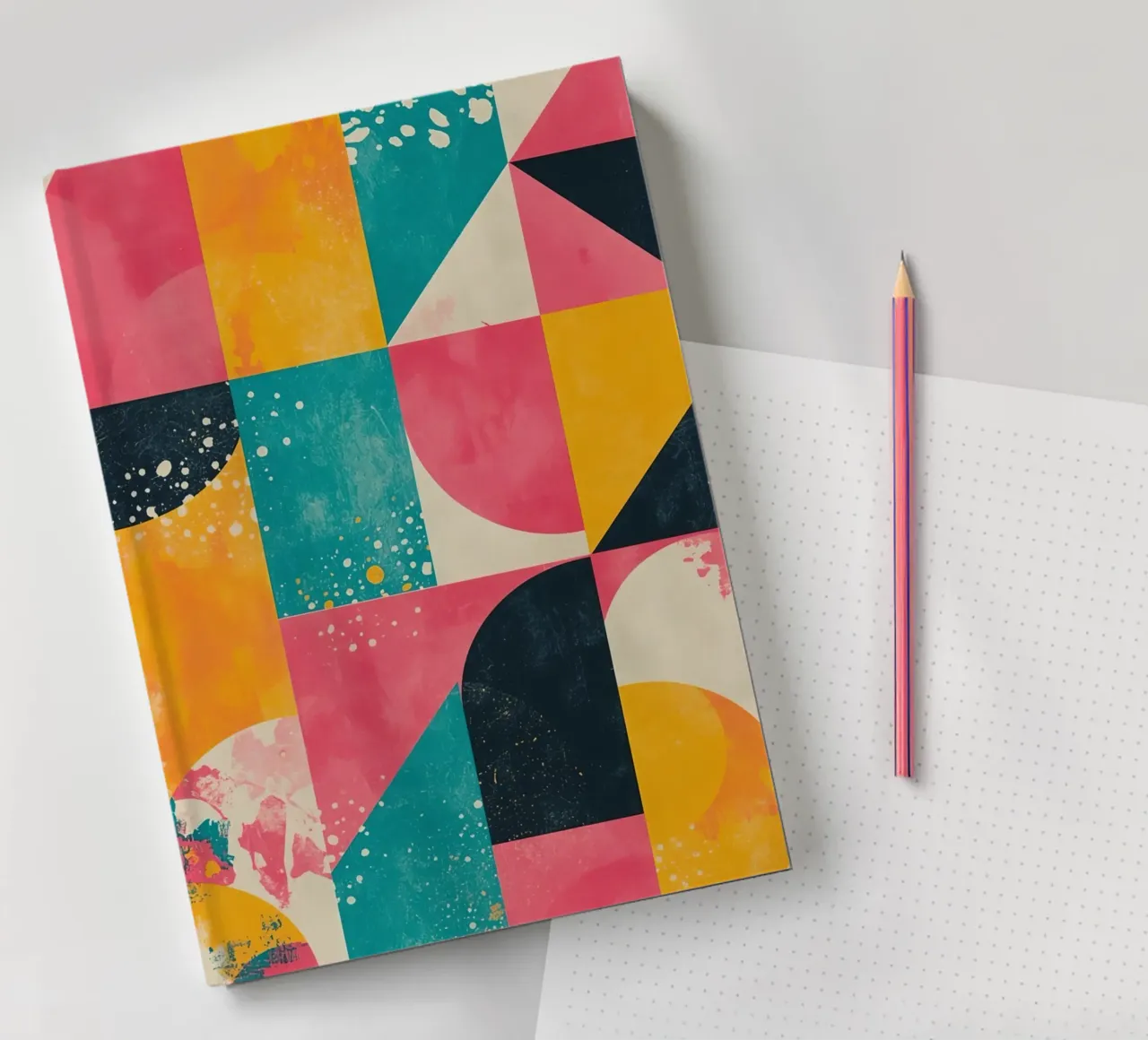 Abstract Geometric Pattern with Squares Triangles and Circle notebook by DesignDoodle
