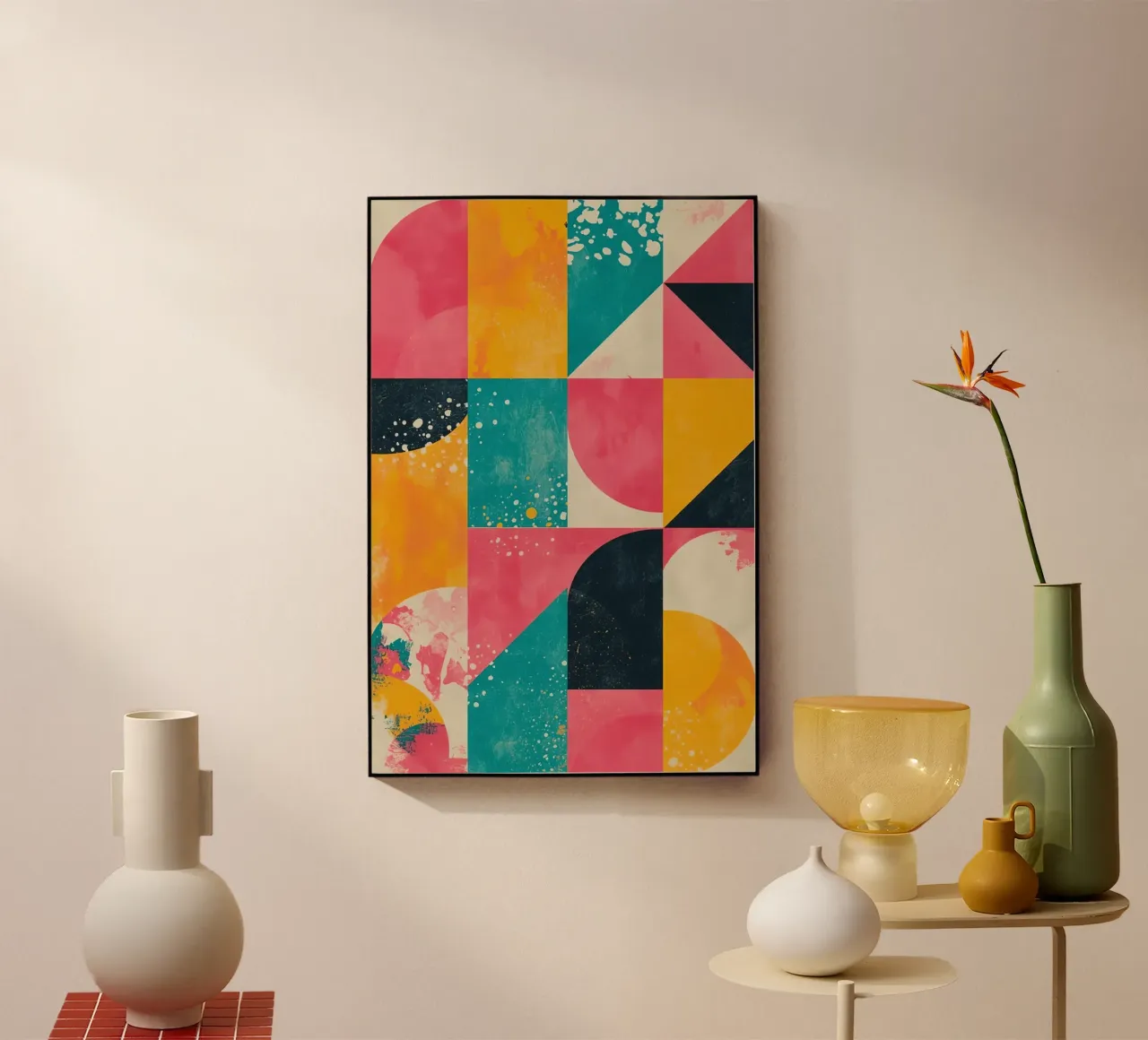 Abstract Geometric Pattern with Squares Triangles and Circle acrylic glass by DesignDoodle