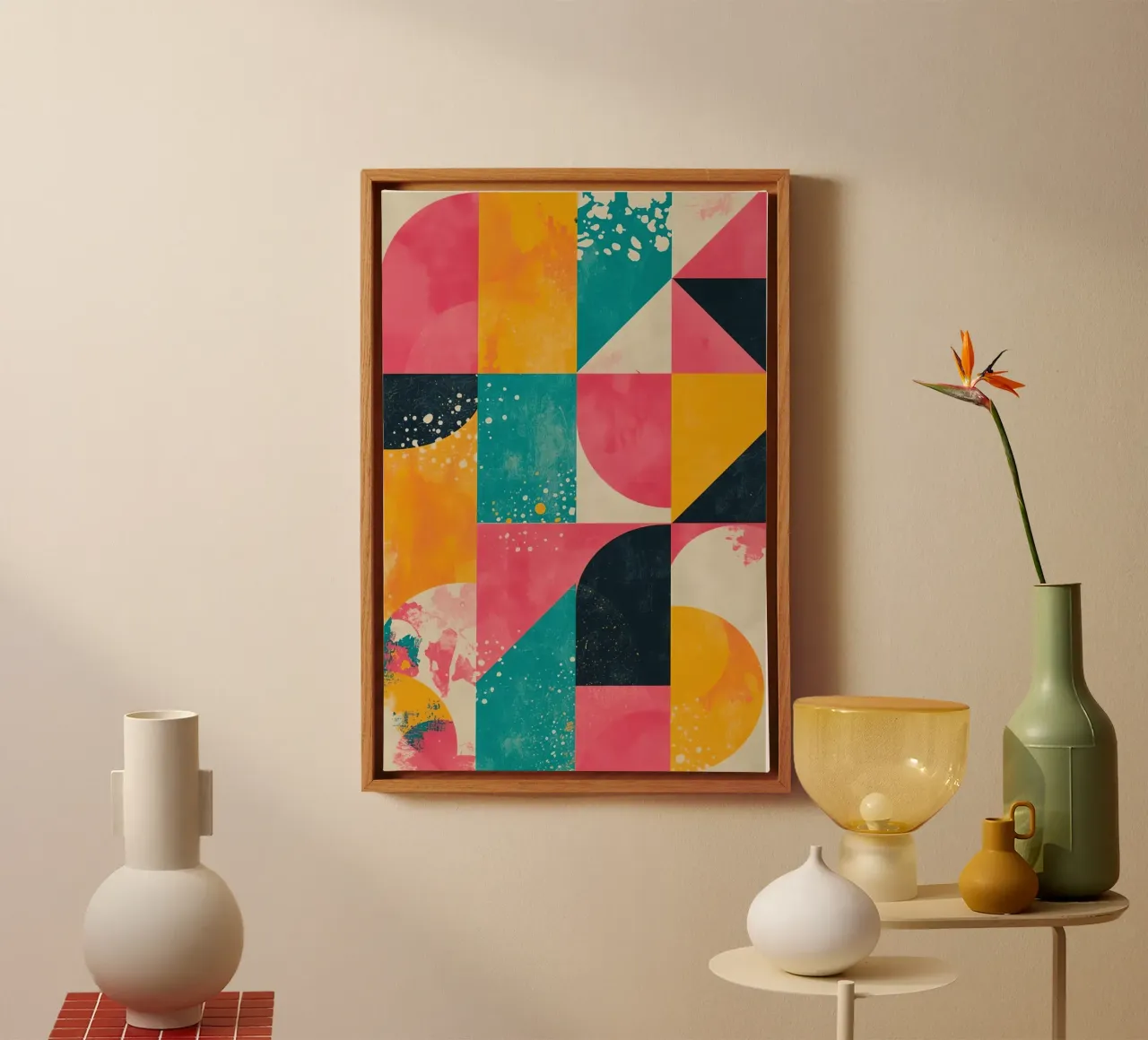 Abstract Geometric Pattern with Squares Triangles and Circle canvas with Floater frame by DesignDoodle