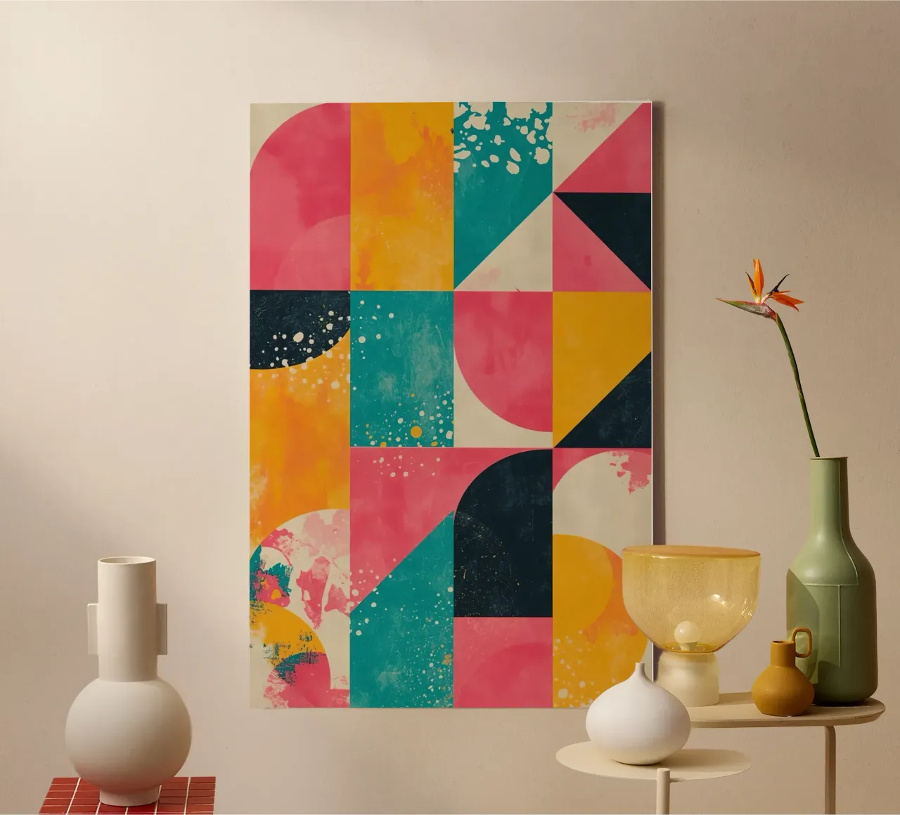 Abstract Geometric Pattern with Squares Triangles and Circle canvas with Floater frame by DesignDoodle