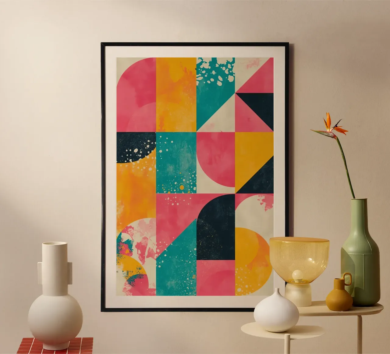 Patrón geométrico abstracto con cuadrados, triángulos y círculos poster con marco de madera de DesignDoodle