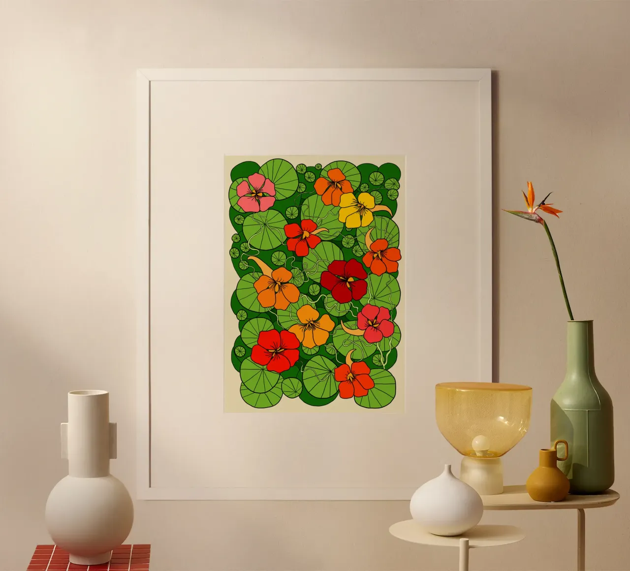 Vibrant colorful nasturtium flowers poster con telaio in legno da TijanaArtStudio88