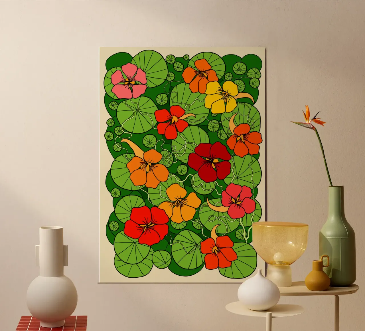 Vibrant colorful nasturtium flowers poster con telaio in legno da TijanaArtStudio88