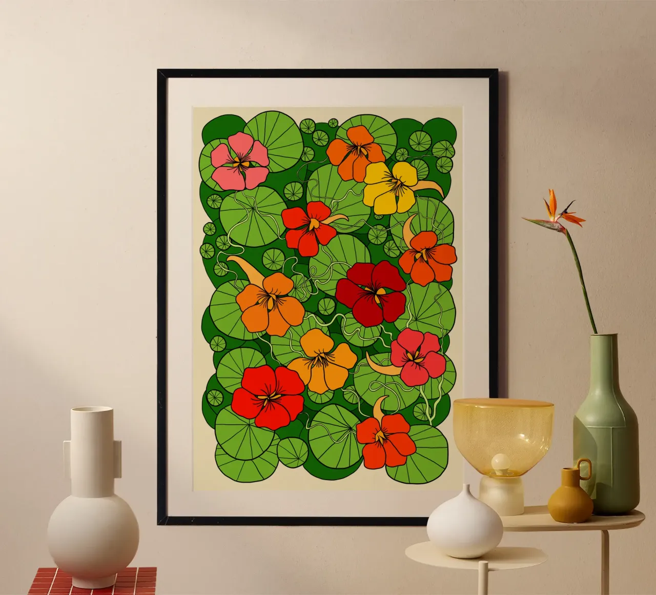 Vibrant colorful nasturtium flowers poster con telaio in legno da TijanaArtStudio88