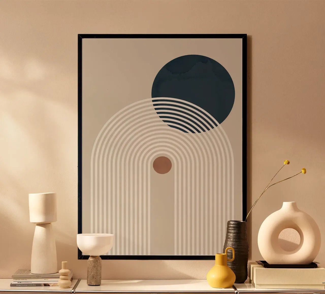 linee curve arco semicerchio cerchio scuro linee concentriche poster con telaio in legno da Patrick M Gerber