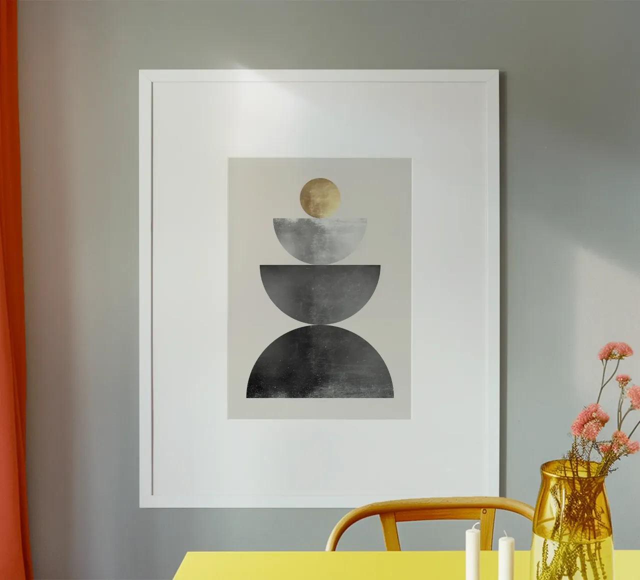 sfera d'oro semicerchi forme impilate forme geometriche poster con telaio in legno da Patrick M Gerber
