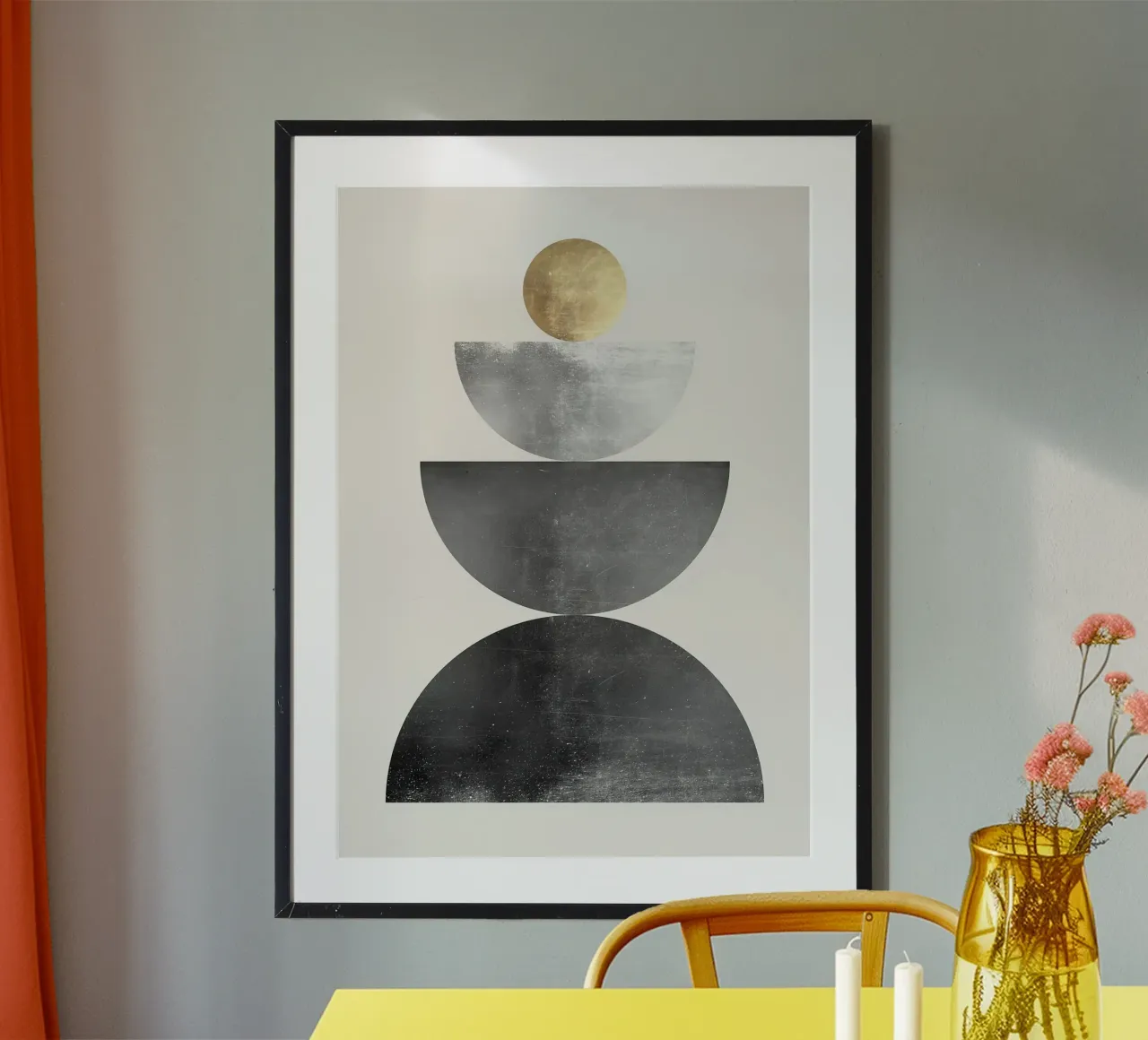 sfera d'oro semicerchi forme impilate forme geometriche poster con telaio in legno da Patrick M Gerber